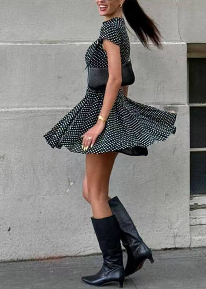 Modern Black Dot Wrinkled Chiffon Mini Dresses Short Sleeve