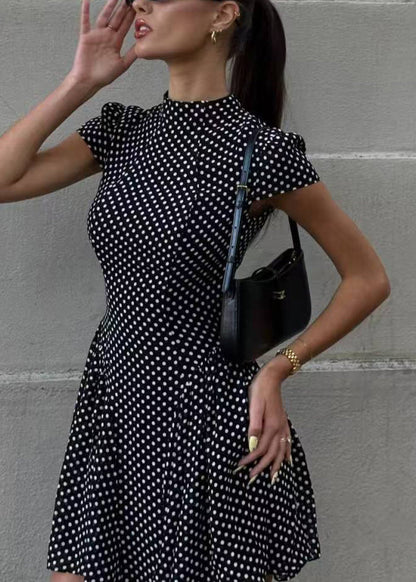 Modern Black Dot Wrinkled Chiffon Mini Dresses Short Sleeve