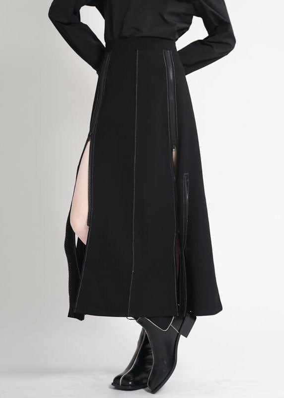 Moderner schwarzer Patchwork-Herbstrock mit hoher Taille und asymmetrischem Reißverschluss