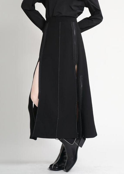 Moderner schwarzer Patchwork-Herbstrock mit hoher Taille und asymmetrischem Reißverschluss