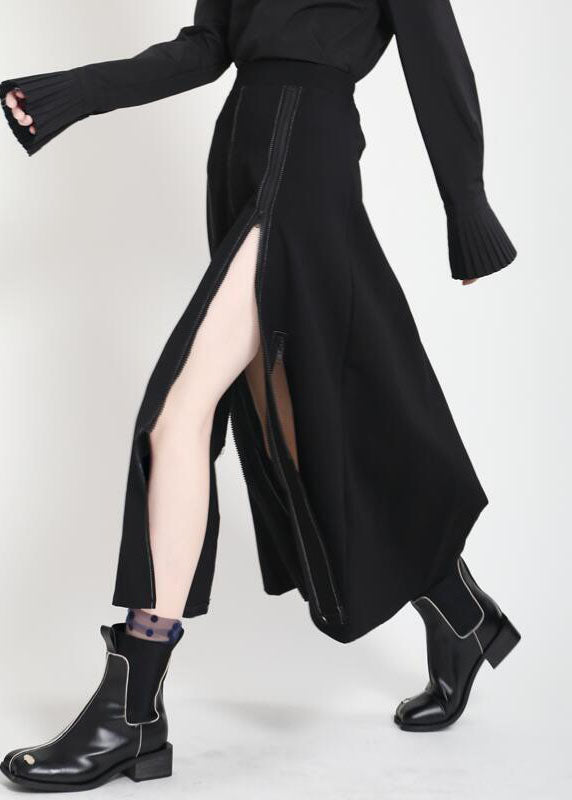 Moderner schwarzer Patchwork-Herbstrock mit hoher Taille und asymmetrischem Reißverschluss