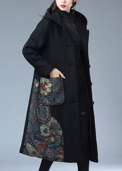 Moderner schwarzer Kapuzen-Print Warmer Fleece-Woll-Trenchcoat