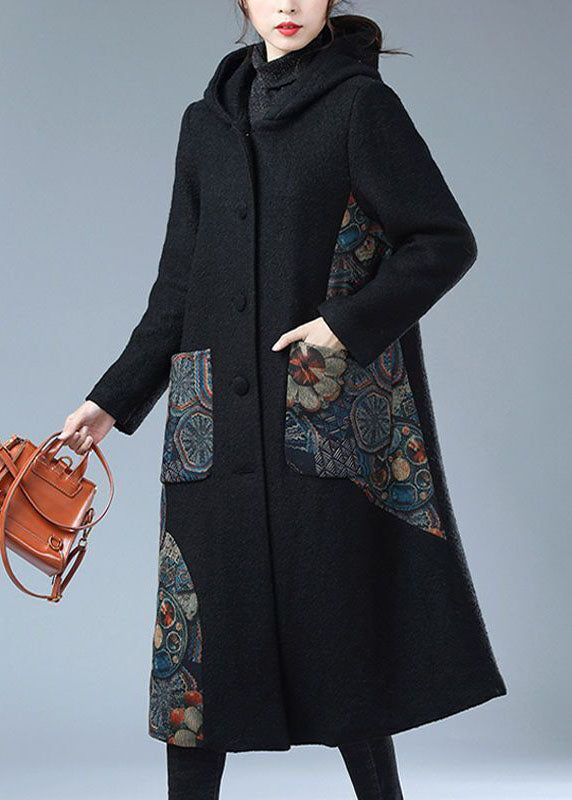 Moderner schwarzer Kapuzen-Print Warmer Fleece-Woll-Trenchcoat