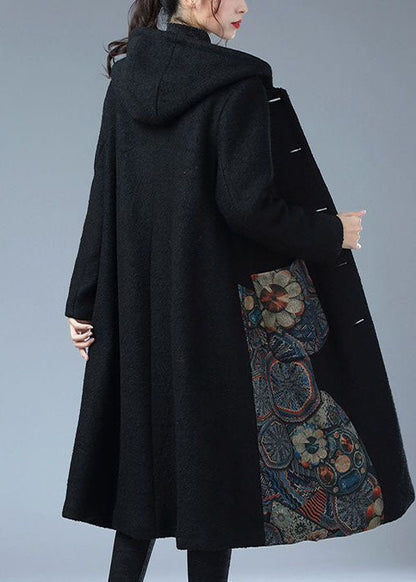 Moderner schwarzer Kapuzen-Print Warmer Fleece-Woll-Trenchcoat