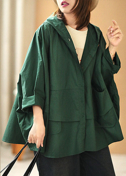 Modern Black Loose Button Pockets Fall Hoodie Coat