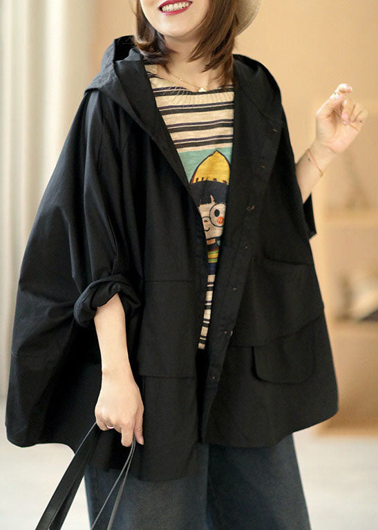 Modern Black Loose Button Pockets Fall Hoodie Coat