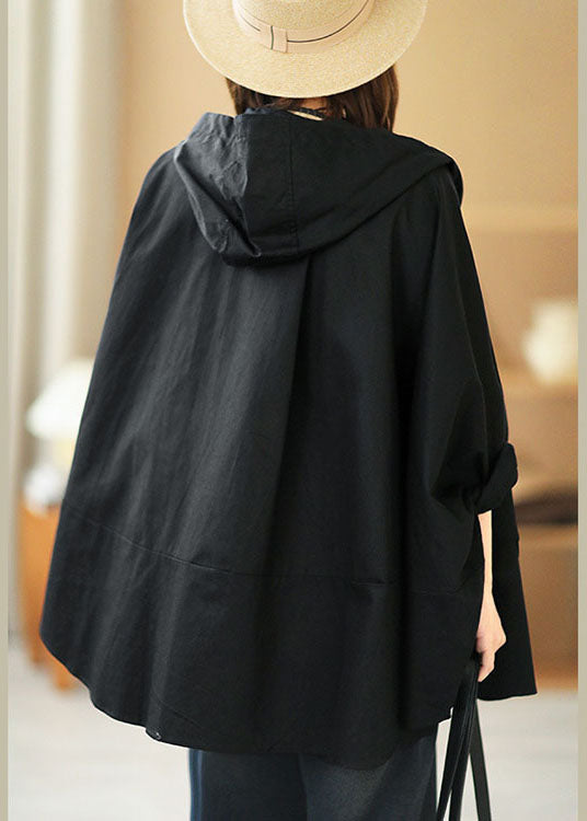 Modern Black Loose Button Pockets Fall Hoodie Coat