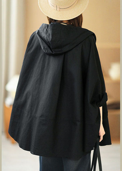 Modern Black Loose Button Pockets Fall Hoodie Coat