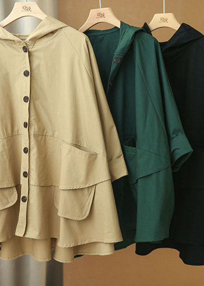 Modern Black Loose Button Pockets Fall Hoodie Coat