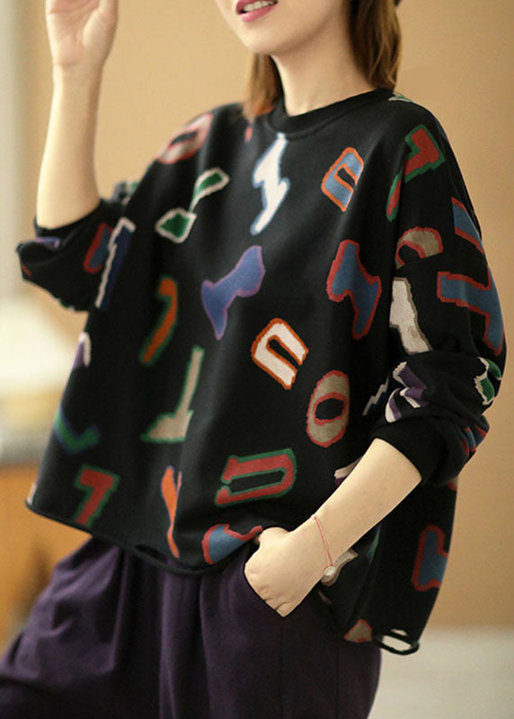 Modernes, lockeres, schwarzes Sweatshirt-Oberteil mit O-Ausschnitt und Grafikloch