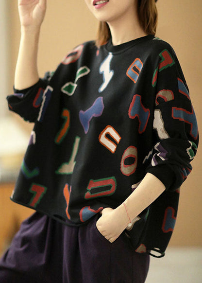 Modernes, lockeres, schwarzes Sweatshirt-Oberteil mit O-Ausschnitt und Grafikloch