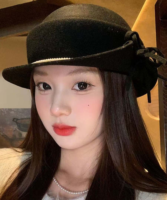 Modern Black Nail Bead Bow Woolen Bucket Hat
