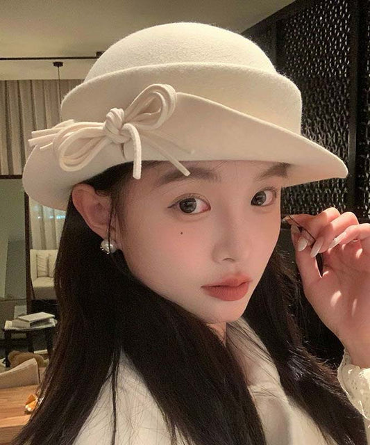 Modern Black Nail Bead Bow Woolen Bucket Hat