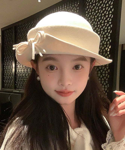 Modern Black Nail Bead Bow Woolen Bucket Hat