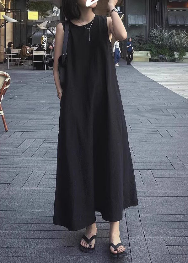 Modern Black O-Neck Cut Out Cotton Maxi Dresses Summer