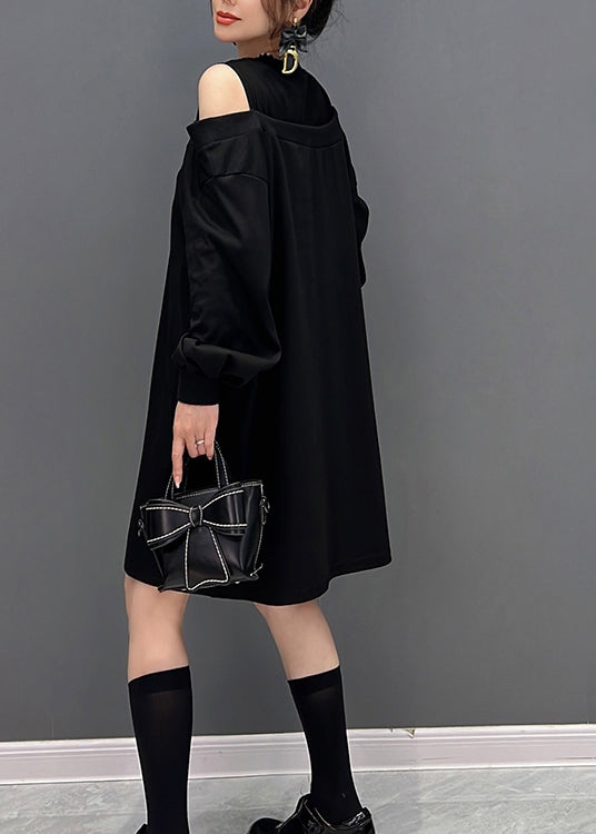 Moderne schwarze O-Ausschnitt Fake Two Pieces Strick Mid Kleider Herbst