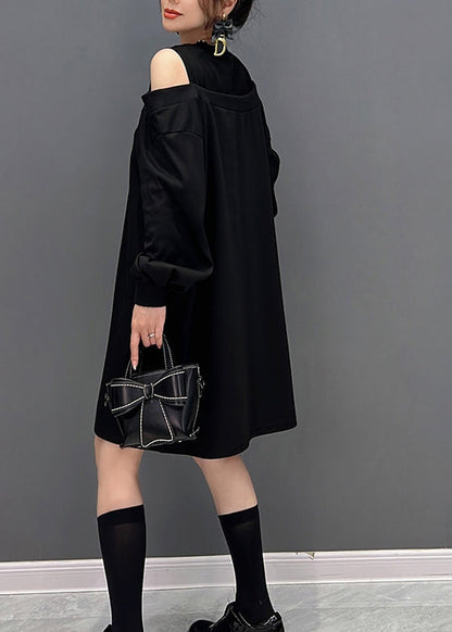 Moderne schwarze O-Ausschnitt Fake Two Pieces Strick Mid Kleider Herbst