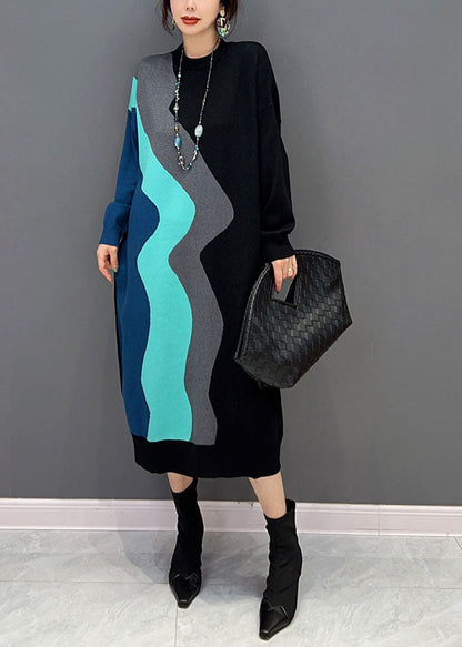 Moderne schwarze O-Ausschnitt Patchwork Strickkleider Frühling