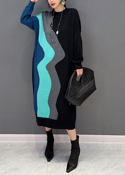 Moderne schwarze O-Ausschnitt Patchwork Strickkleider Frühling