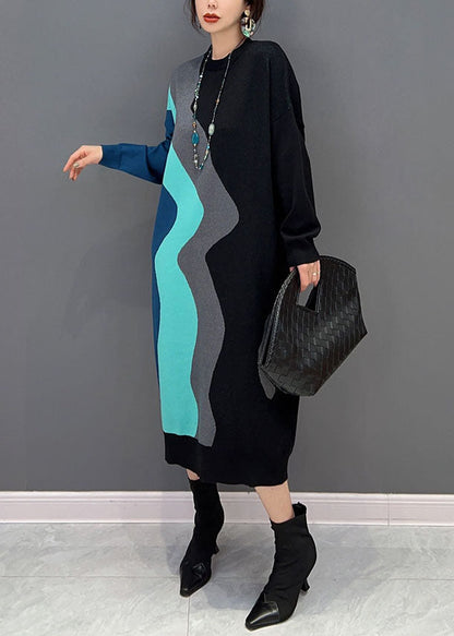 Moderne schwarze O-Ausschnitt Patchwork Strickkleider Frühling