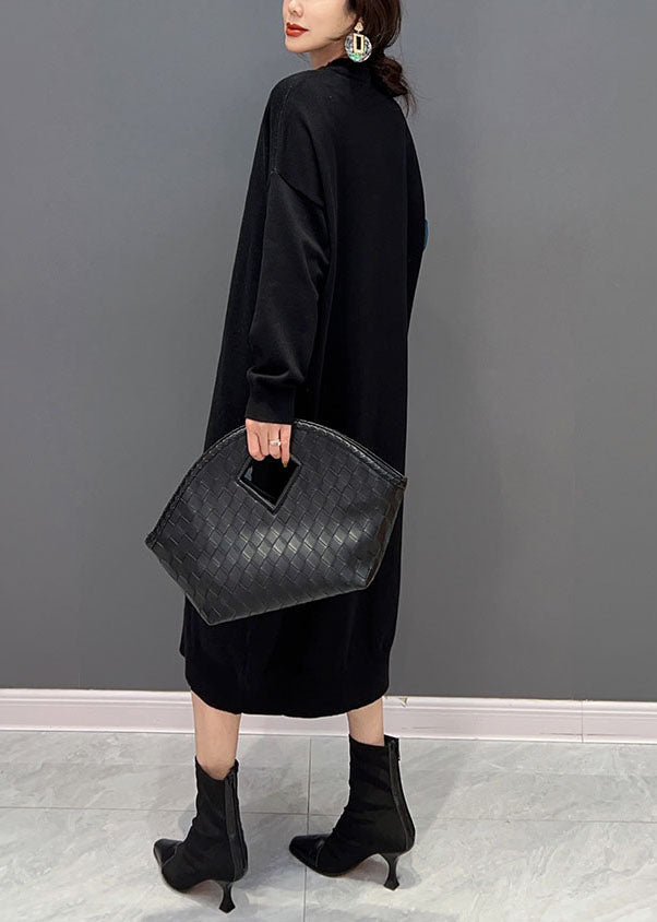 Moderne schwarze O-Ausschnitt Patchwork Strickkleider Frühling