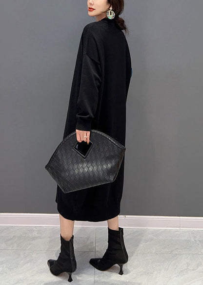 Moderne schwarze O-Ausschnitt Patchwork Strickkleider Frühling