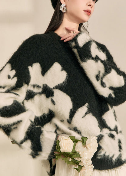 Cárdigan de punto de algodón con cuello redondo y estampado moderno negro para primavera