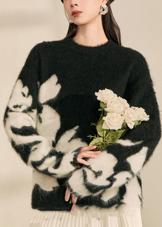 Moderner schwarzer Cardigan aus bedruckter Baumwolle mit Rundhalsausschnitt für den Frühling