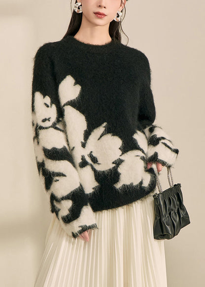 Cárdigan de punto de algodón con cuello redondo y estampado moderno negro para primavera