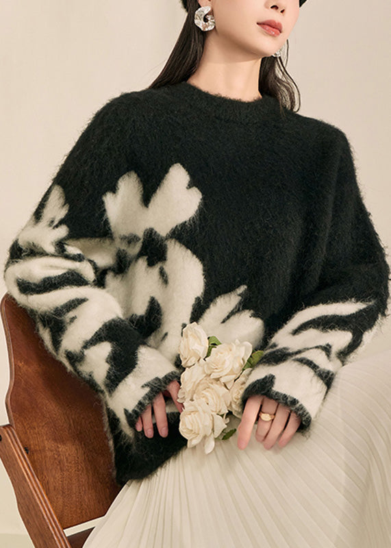 Cárdigan de punto de algodón con cuello redondo y estampado moderno negro para primavera