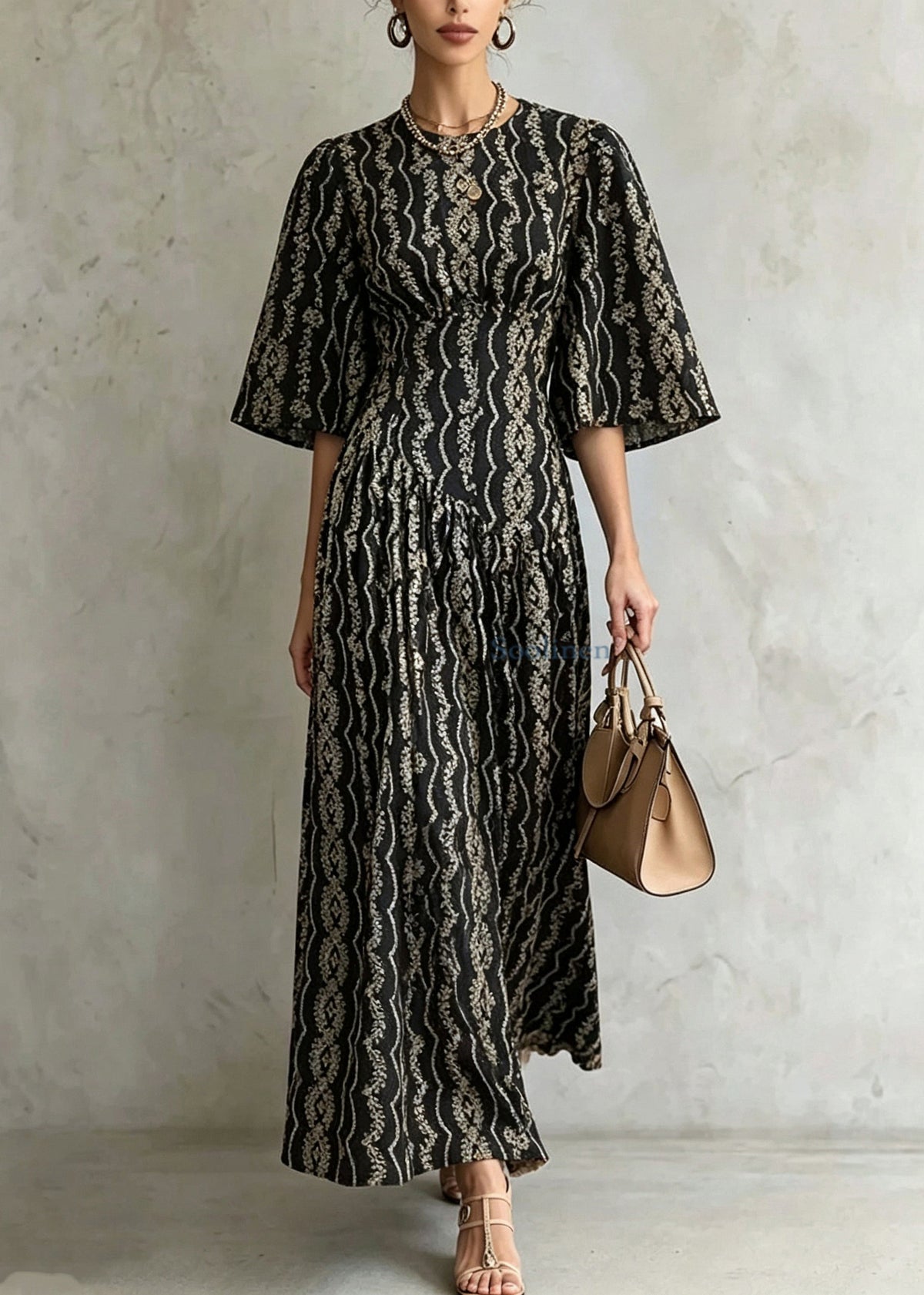Modern Black O-Neck Print Maxi Dress Half Sleeve