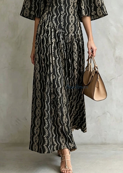 Modern Black O-Neck Print Maxi Dress Half Sleeve