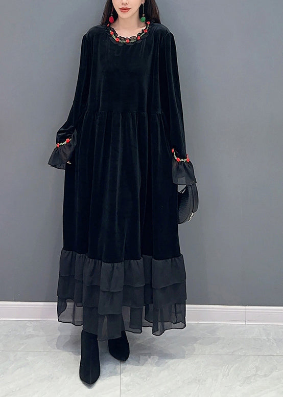 Vestido moderno de terciopelo de seda con patchwork negro extragrande para fiesta de primavera