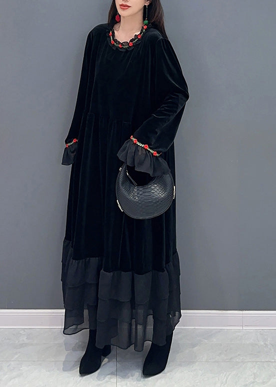 Vestido moderno de terciopelo de seda con patchwork negro extragrande para fiesta de primavera