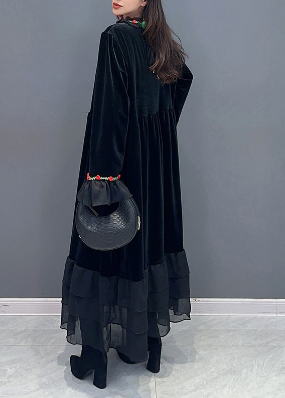 Vestido moderno de terciopelo de seda con patchwork negro extragrande para fiesta de primavera