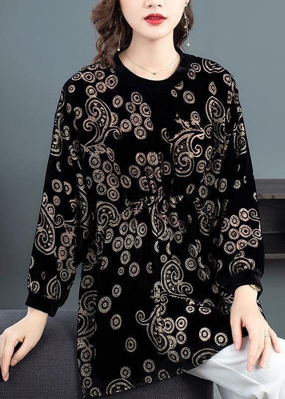 Modernes schwarzes Oversize-Shirt aus Seidenvelours mit Print, Frühling