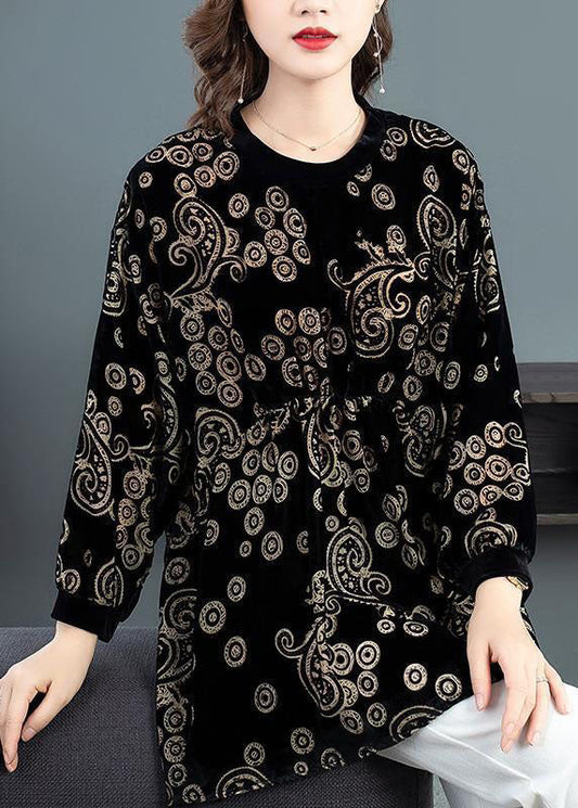 Modernes schwarzes Oversize-Shirt aus Seidenvelours mit Print, Frühling