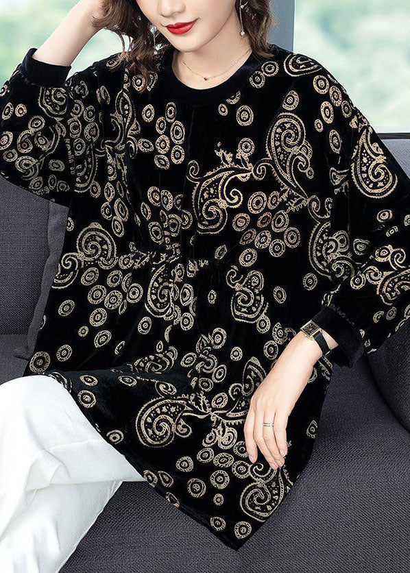 Modernes schwarzes Oversize-Shirt aus Seidenvelours mit Print, Frühling