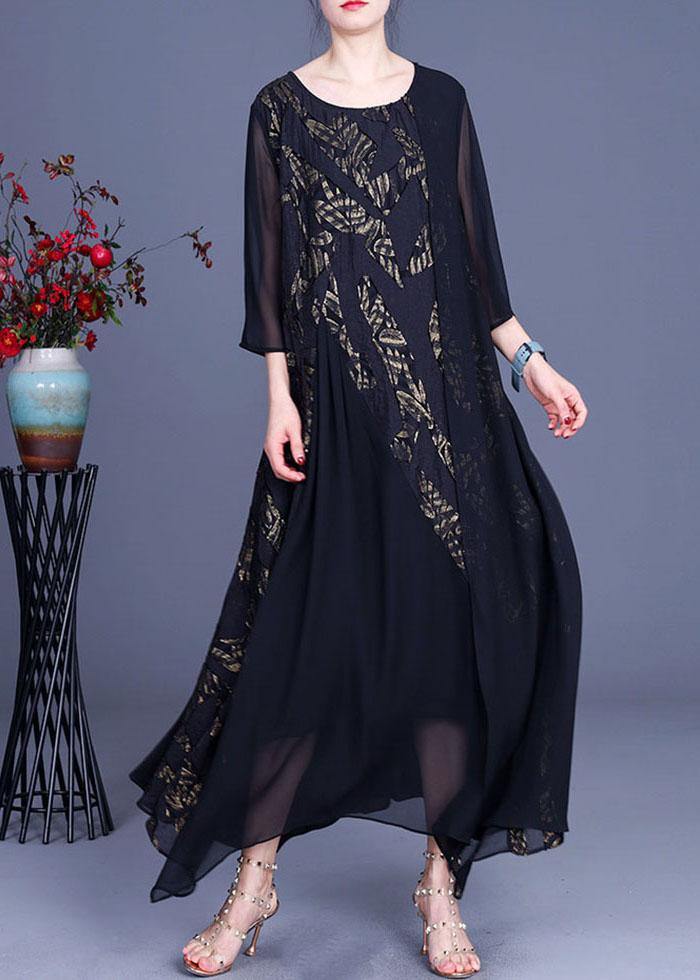 Modern Black Patchwork Asymmetrical Summer Silk Long Dress - SooLinen