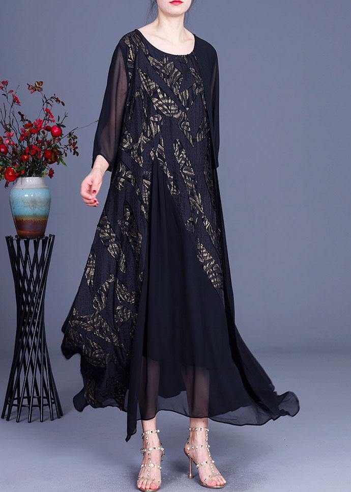 Modern Black Patchwork Asymmetrical Summer Silk Long Dress - SooLinen