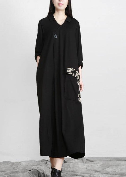 Modern Black Patchwork Print V Neck Pockets Fall Dresses - SooLinen