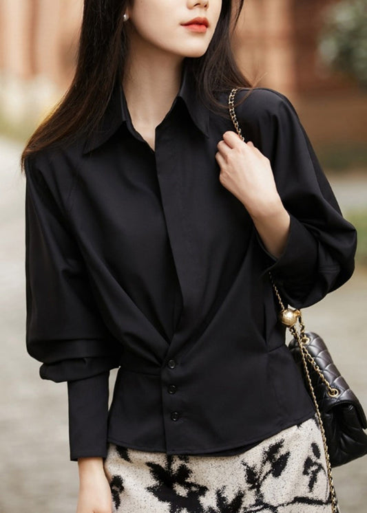 Modern Black Peter Pan Collar Patchwork Solid Shirt Lantern Sleeve