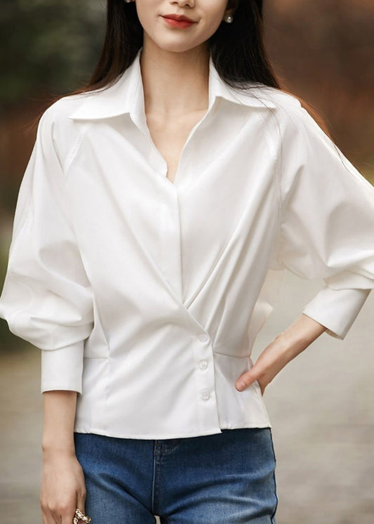 Modern Black Peter Pan Collar Patchwork Solid Shirt Lantern Sleeve