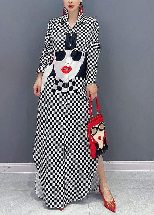 Modern Black Plaid Side Open Chiffon Shirt Dresses Spring