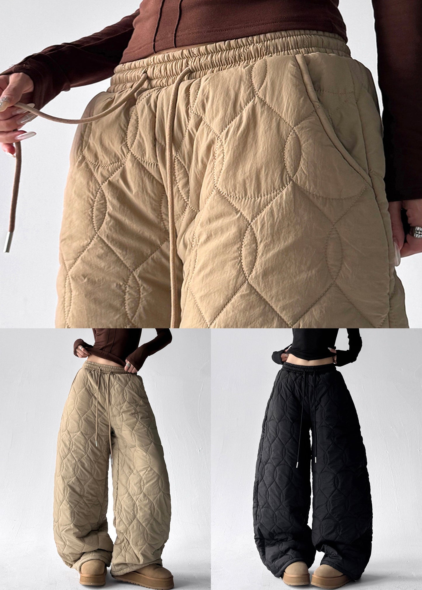 Pantalones de invierno modernos de algodón con cintura elástica y bolsillos negros