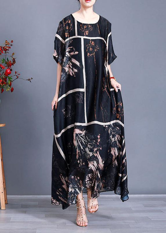 Modern Black Print Satin Maxi Dress Plus Size Patchwork Caftan - SooLinen