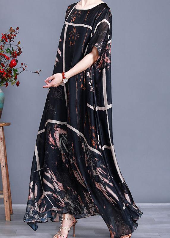 Modern Black Print Satin Maxi Dress Plus Size Patchwork Caftan - SooLinen