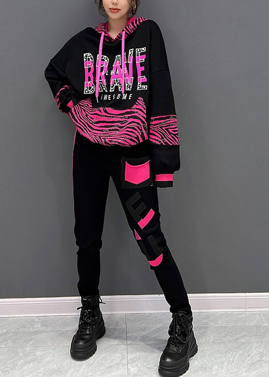 Moderner schwarzer Print Kapuzenpullover und Hose Zweiteiler Set Herbst