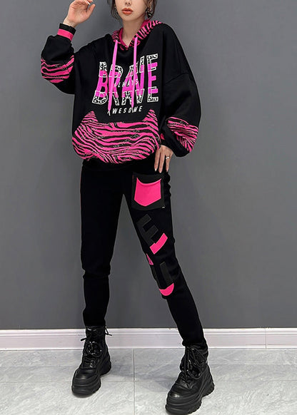 Moderner schwarzer Print Kapuzenpullover und Hose Zweiteiler Set Herbst