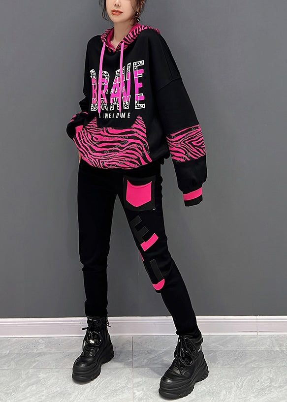 Moderner schwarzer Print Kapuzenpullover und Hose Zweiteiler Set Herbst